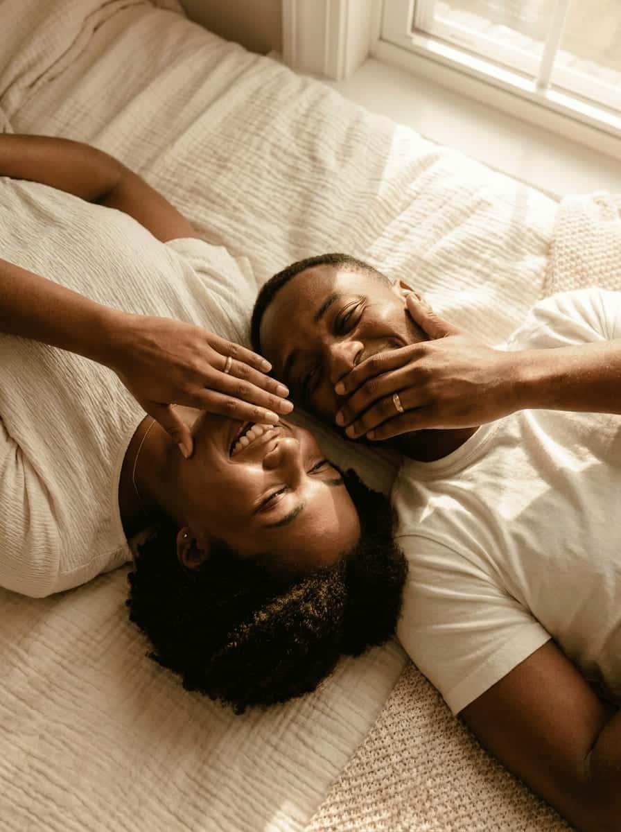 Couple laughing together at home