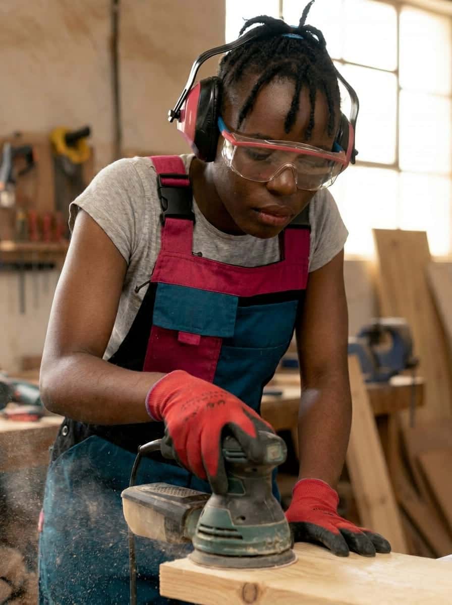 Young woman sanding wood in a workshop